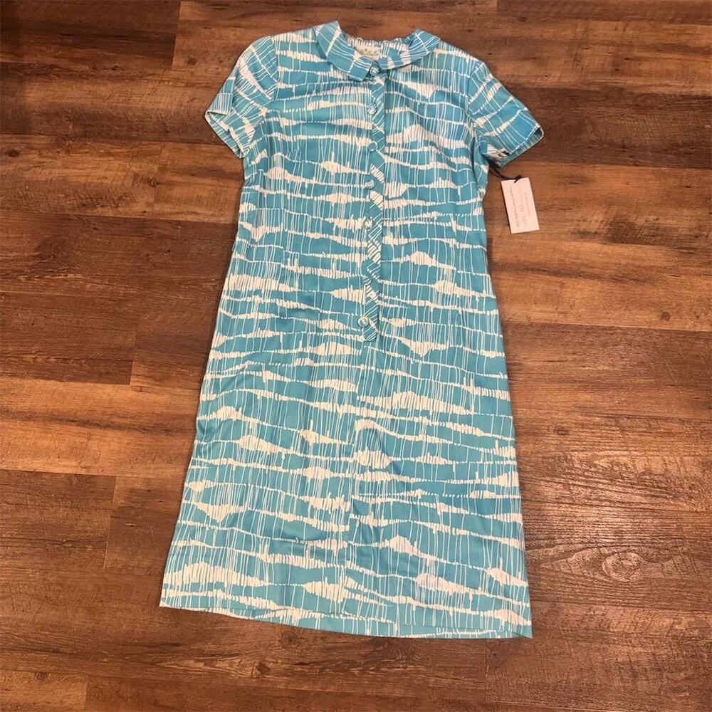 VTG 1960s McMullen Blue Shift Dress 16 Peter Pan Collar Pockets Buttons FLAWS
